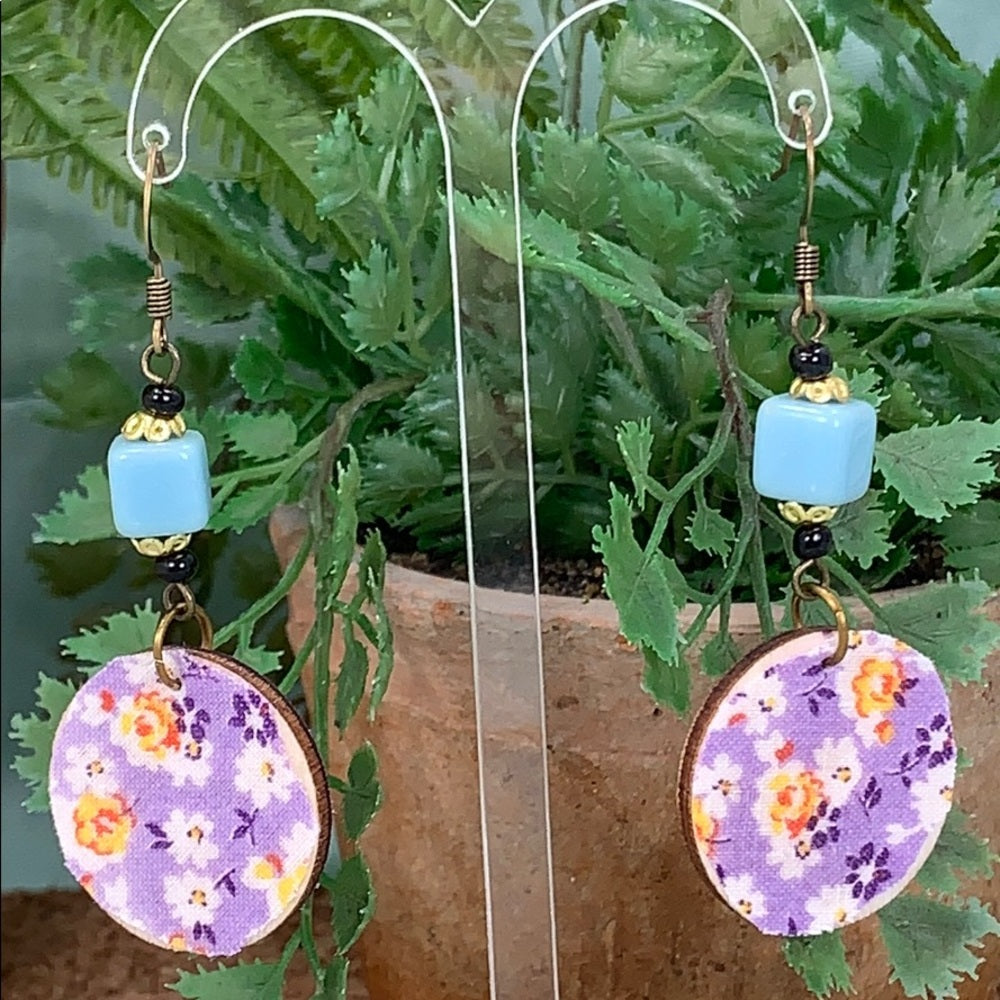 Adorned Crown vintage fabric wood disc bead earrings Purple blue