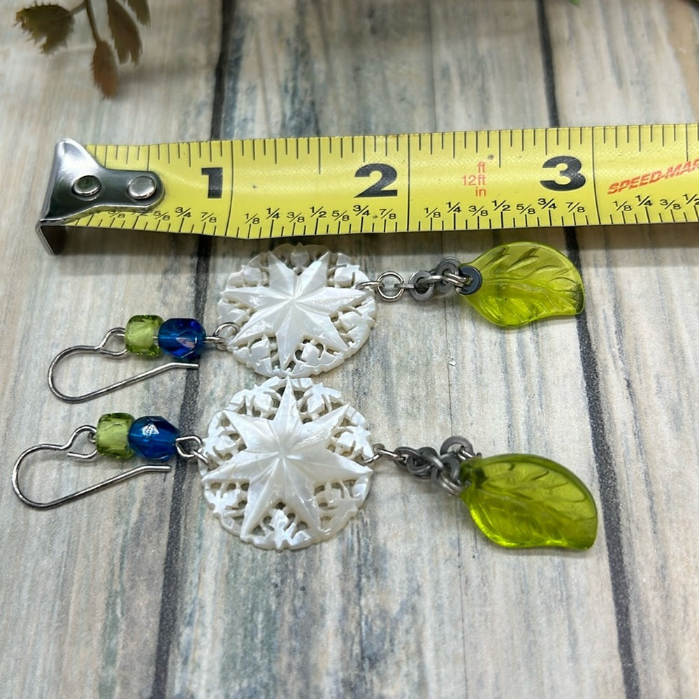 Adorned Crown Jewelry mother of pearl etched Czech glass leaf bead earrings