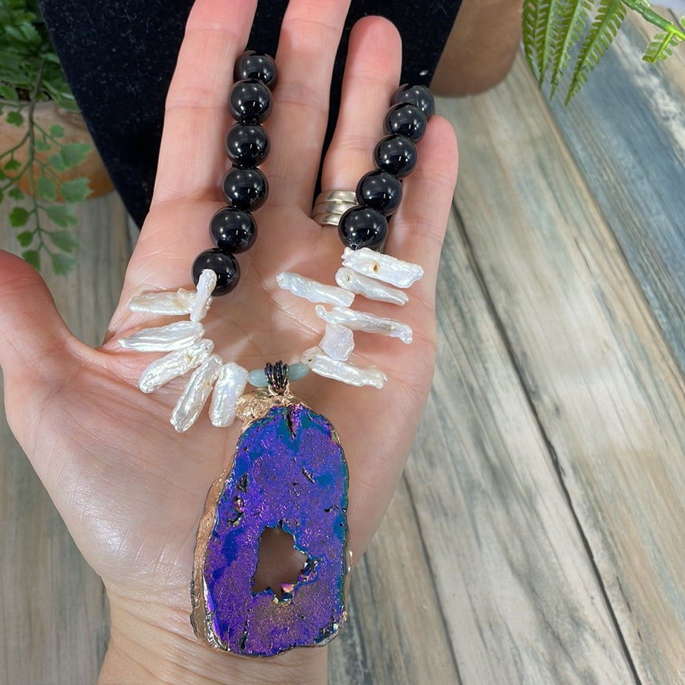 Adorned Crown assemblage druzy stick Pearl beaded statement necklace