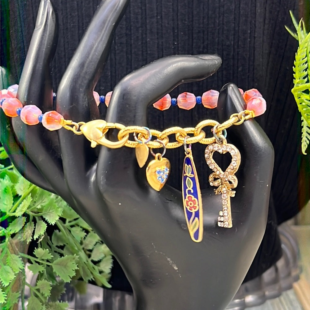Adorned Crown Jewelry artisan assemblage heart key cloisonné pink bracelet