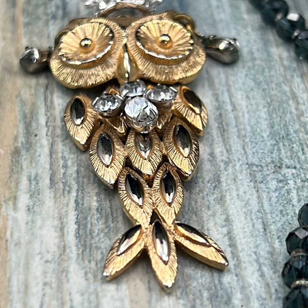 Adorned Crown Artisan Assemblage crowned owl rhinestone beaded long necklace
