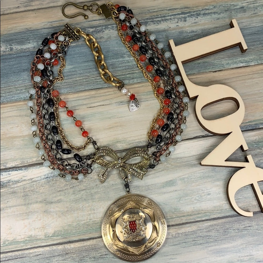 Adorned Crown Artisan assemblage shield medallion multi strand necklace