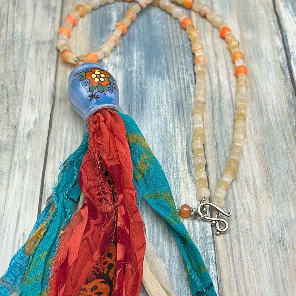 Adorned Crown Jewelry assemblage ceramic shaker tassel stone bead necklace