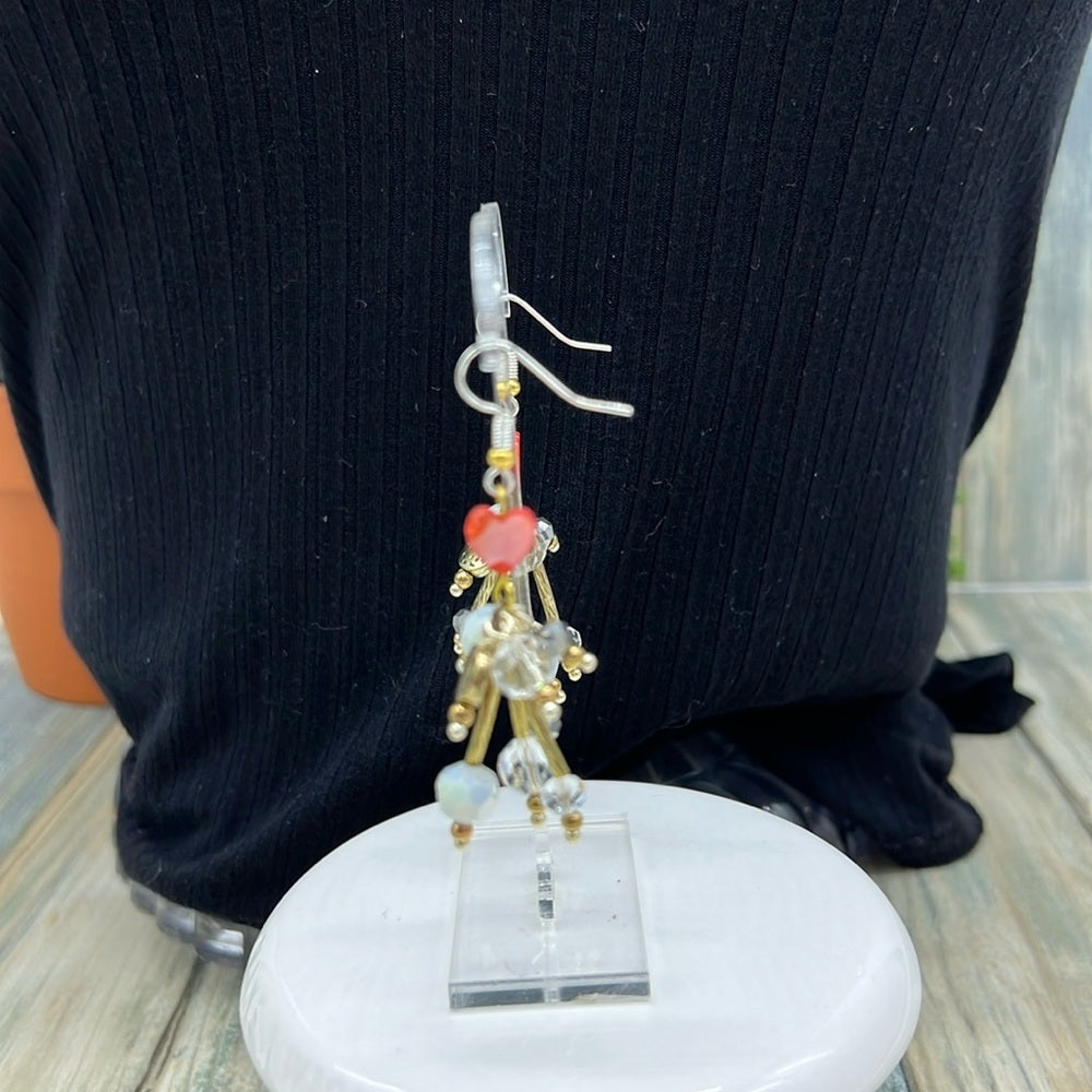 Adorned Crown Jewelry assemblage red mother of Pearl heart bead burst earrings