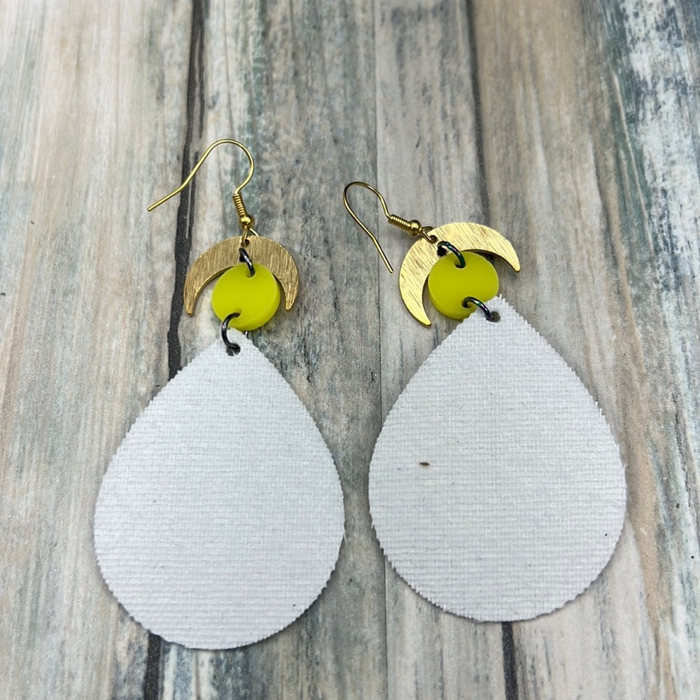 Adorned Crown Artisan Assemblage faux leather yellow acrylic moon earrings