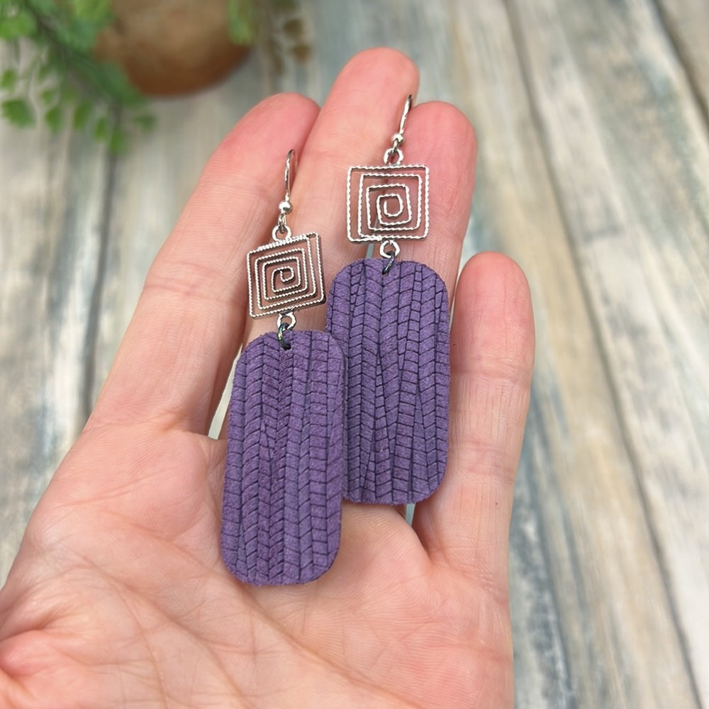 Adorned Crown Artisan purple genuine leather drop swirl earrings