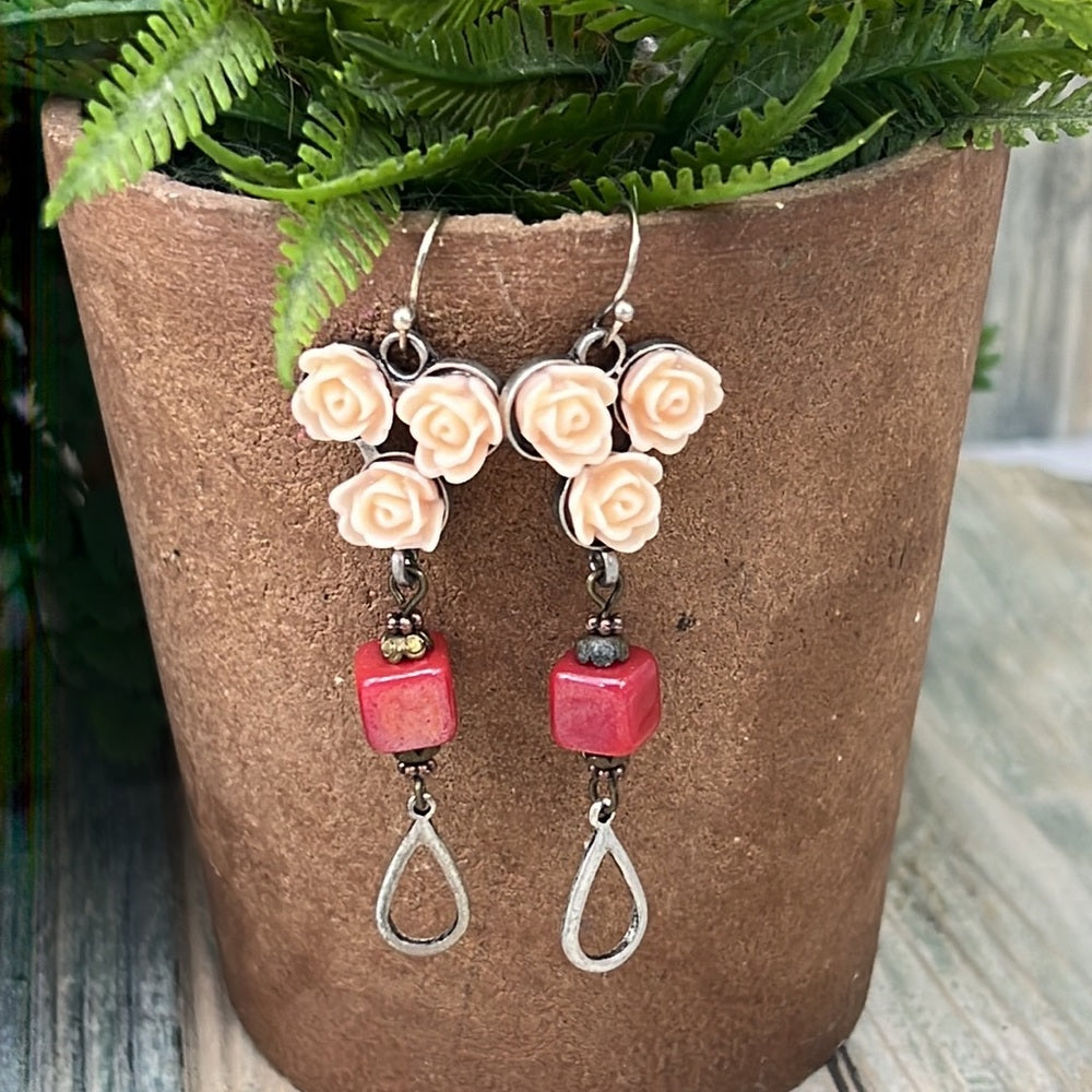 Adorned Crown Artisan Assemblage peach flower red cube bead earrings