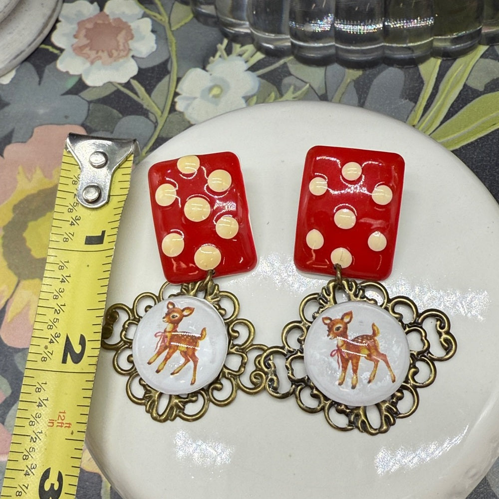 Adorned Crown Jewelry assemblage Christmas polka dot deer drop post earrings