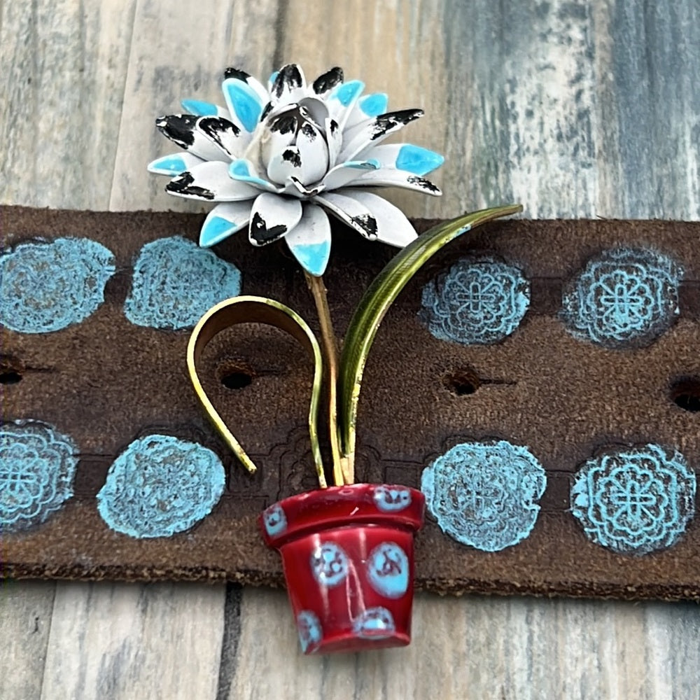Adorned Crown enamel flower blue dot artisan assemblage leather bracelet