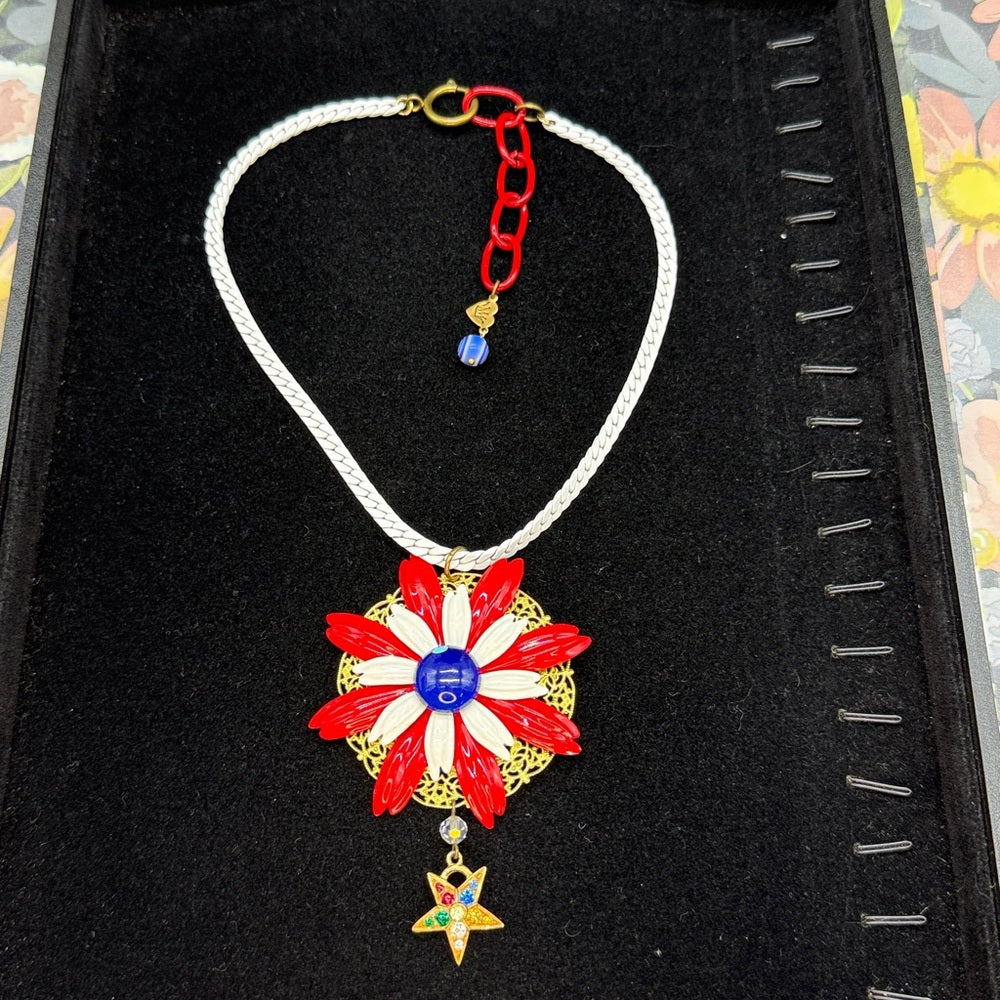 Adorned Crown Jewelry assemblage red white blue enamel flower Star necklace