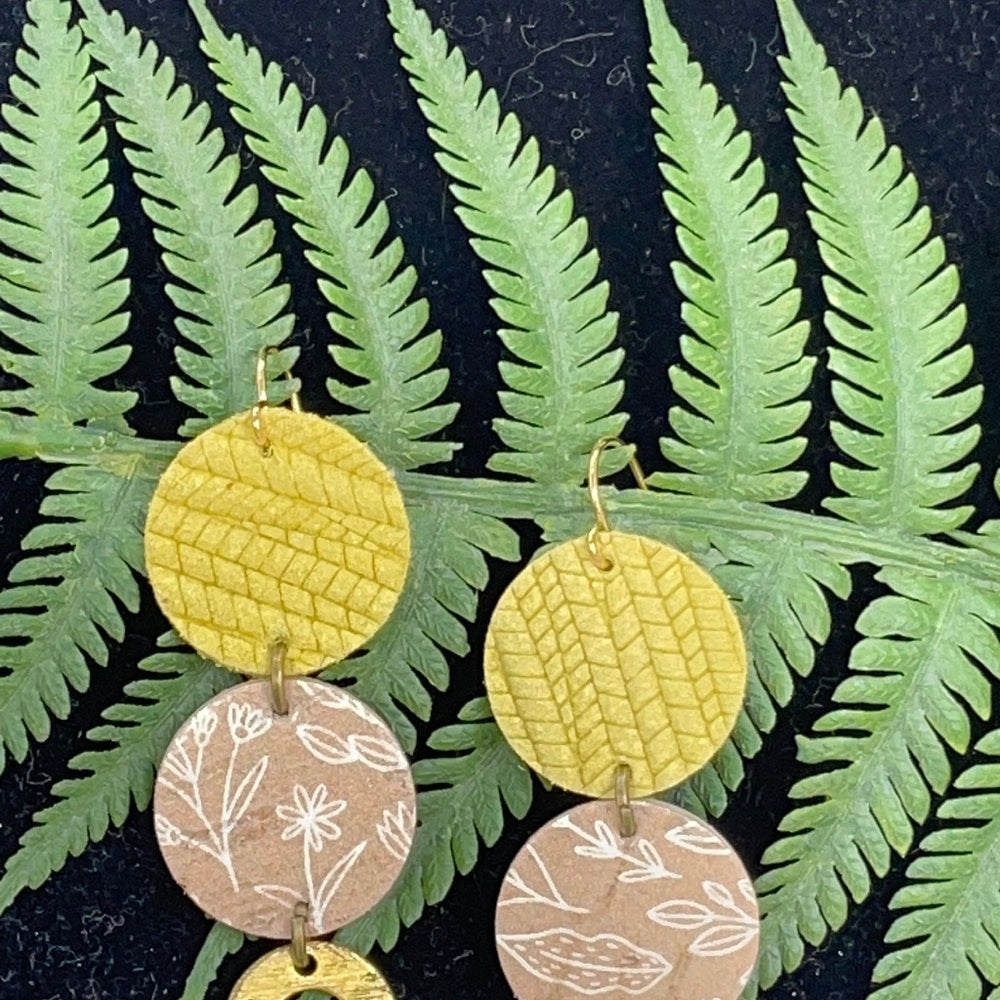 Adorned Crown geo yellow tan double leather earrings
