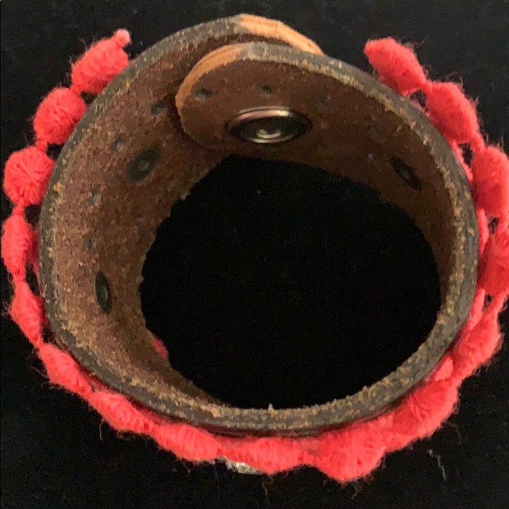 Adorned Crown artisan assemblage Vintage leather coral bling cuff bracelet