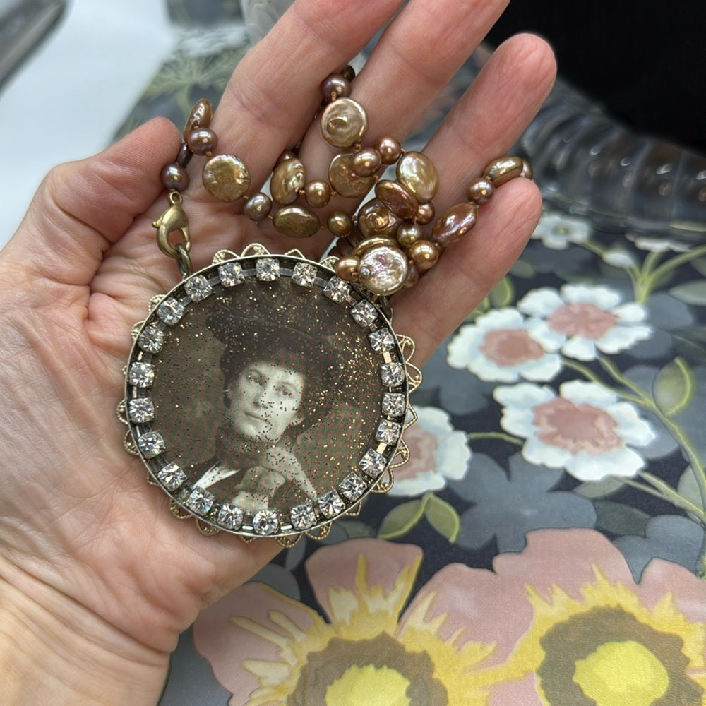 Adorned Crown Jewelry assemblage filigree vintage photo pendant pearl necklace