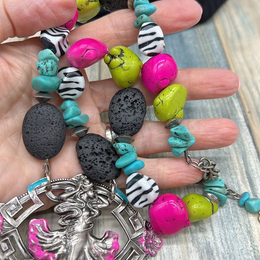 Adorned Crown Jewelry assemblage neon turquoise siren pendant tassel necklace