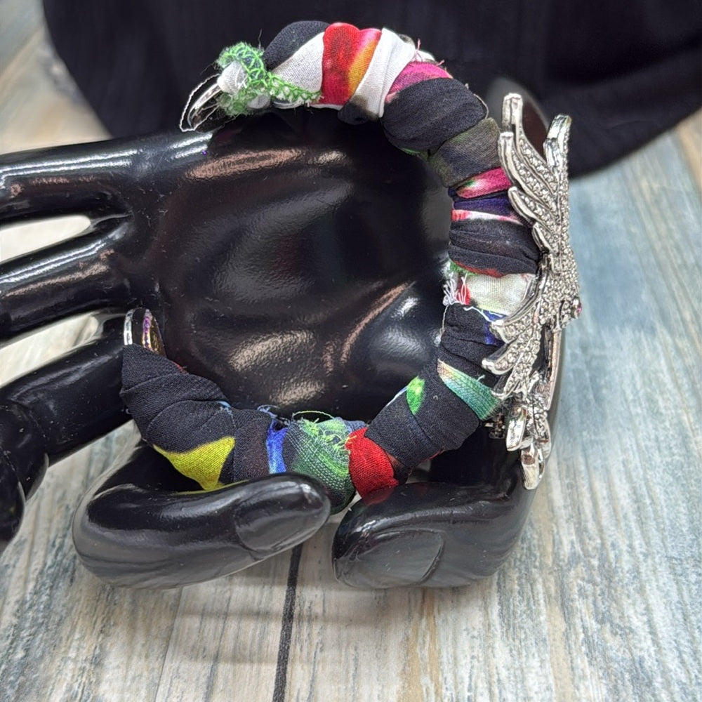 Adorned Crown Jewelry assemblage Hummingbird Multicolor Fabric cuff bracelet