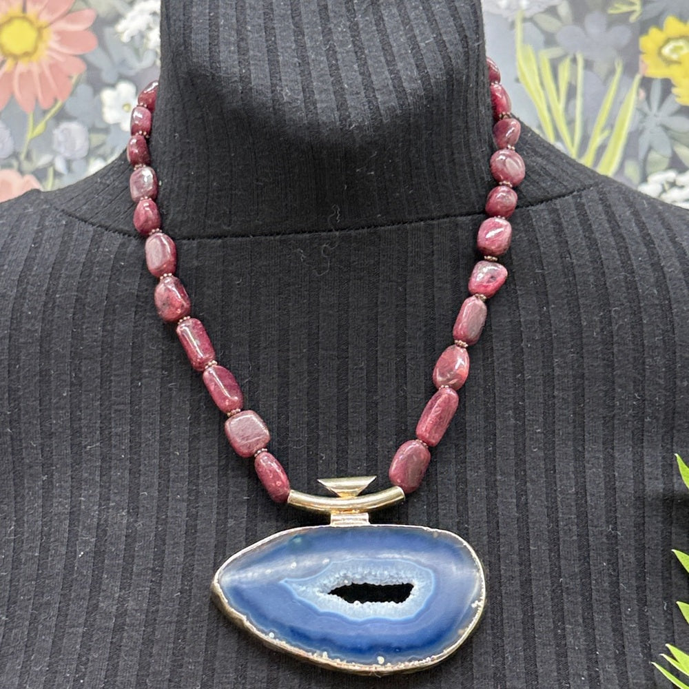 Adorned Crown Jewelry assemblage natural ruby blue agate slice necklace
