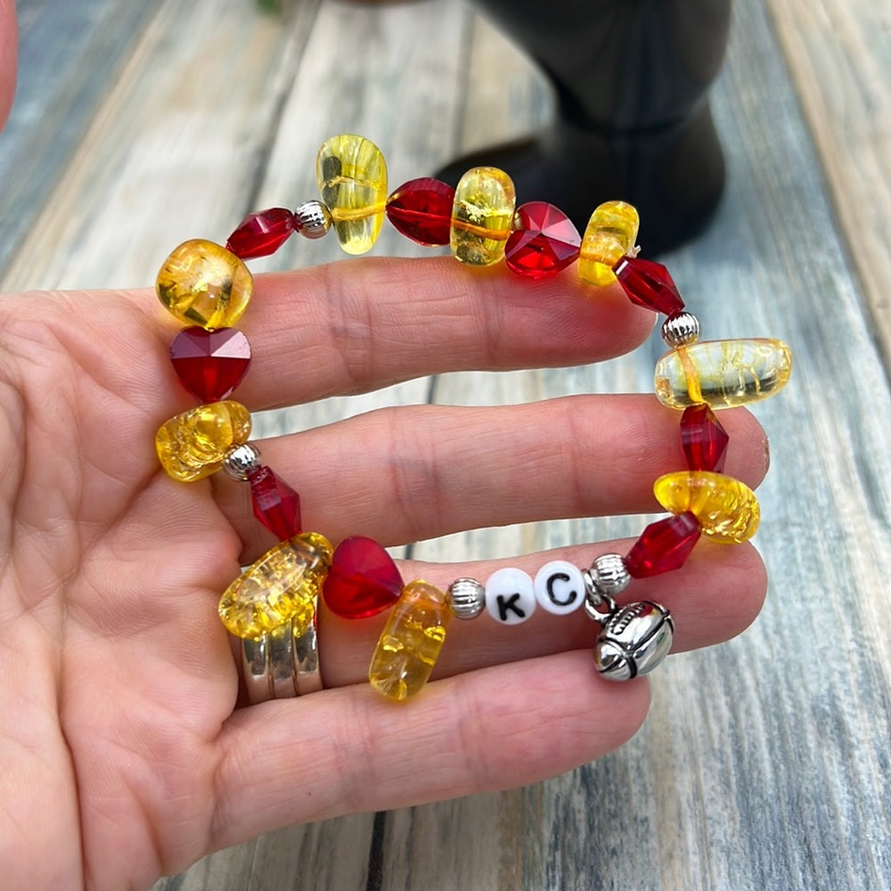 Adorned Crown Kansas City Chiefs KC football red gold stretch bracelet set F