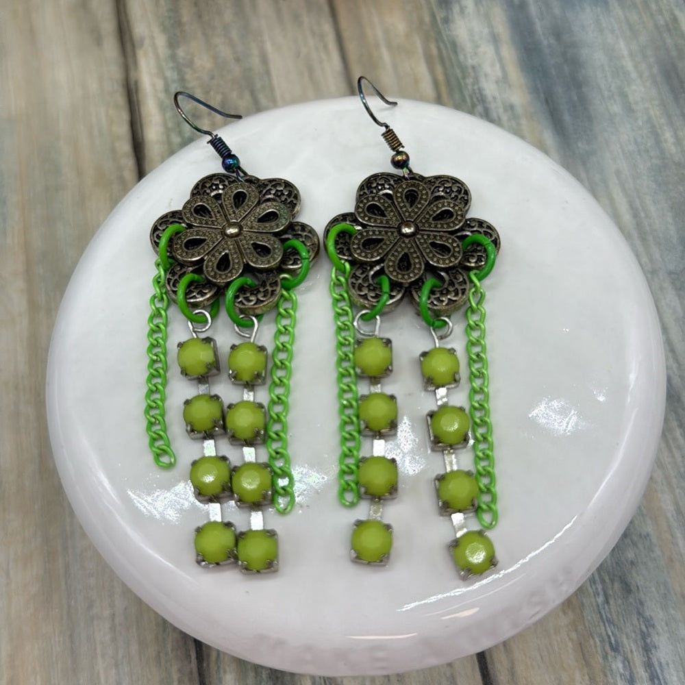 Adorned Crown Jewelry assemblage filigree flower Earrings green chain