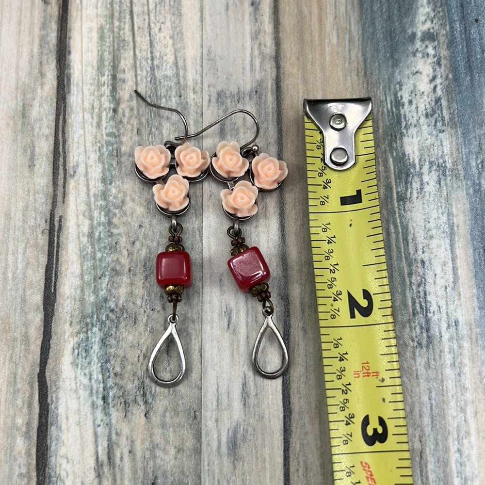 Adorned Crown Artisan Assemblage peach flower red cube bead earrings