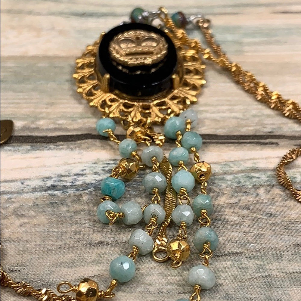 Adorned Crown artisan assemblage aquamarine bead jet black crown necklace