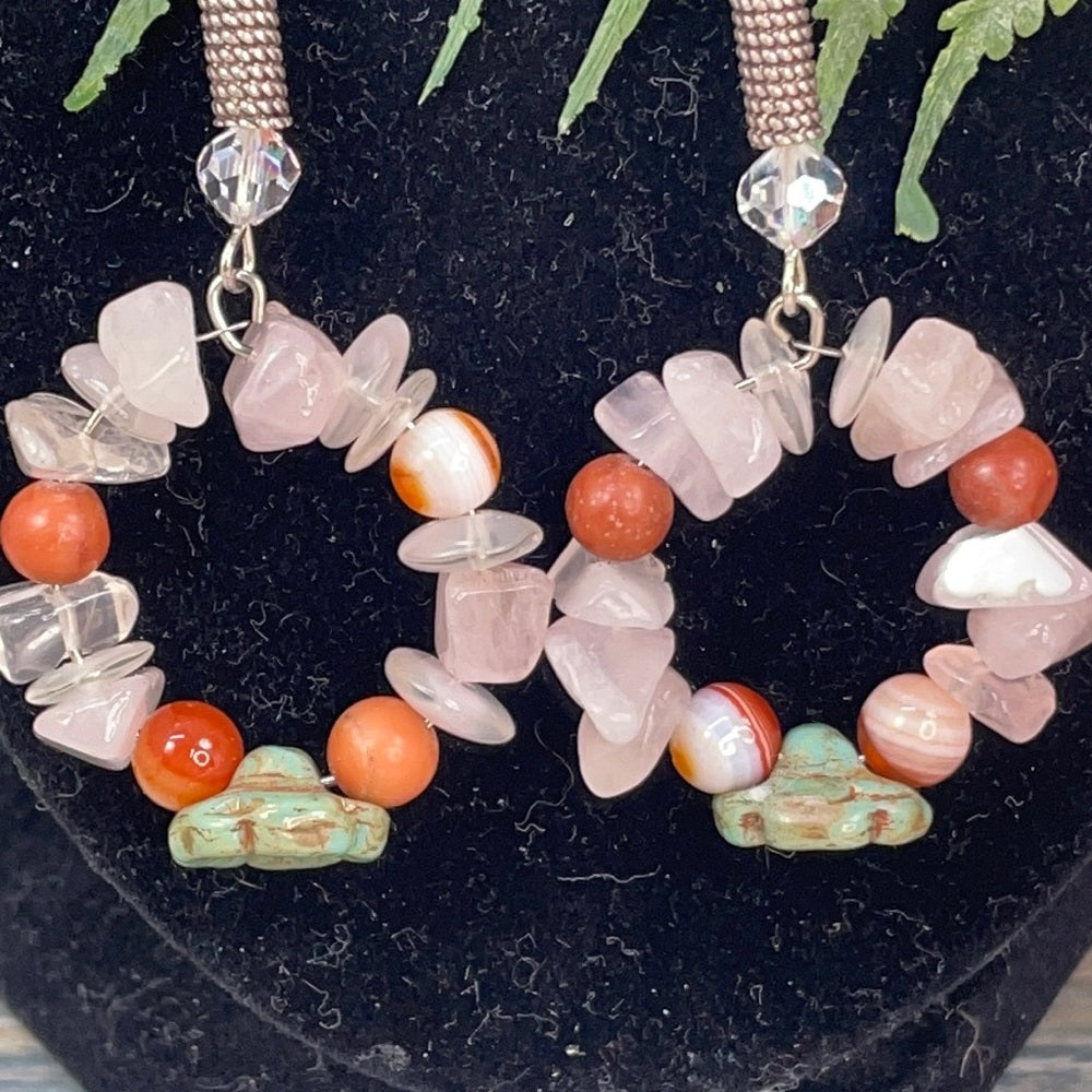 Adorned Crown artisan assemblage rose quartz Czech flower hoop earrings