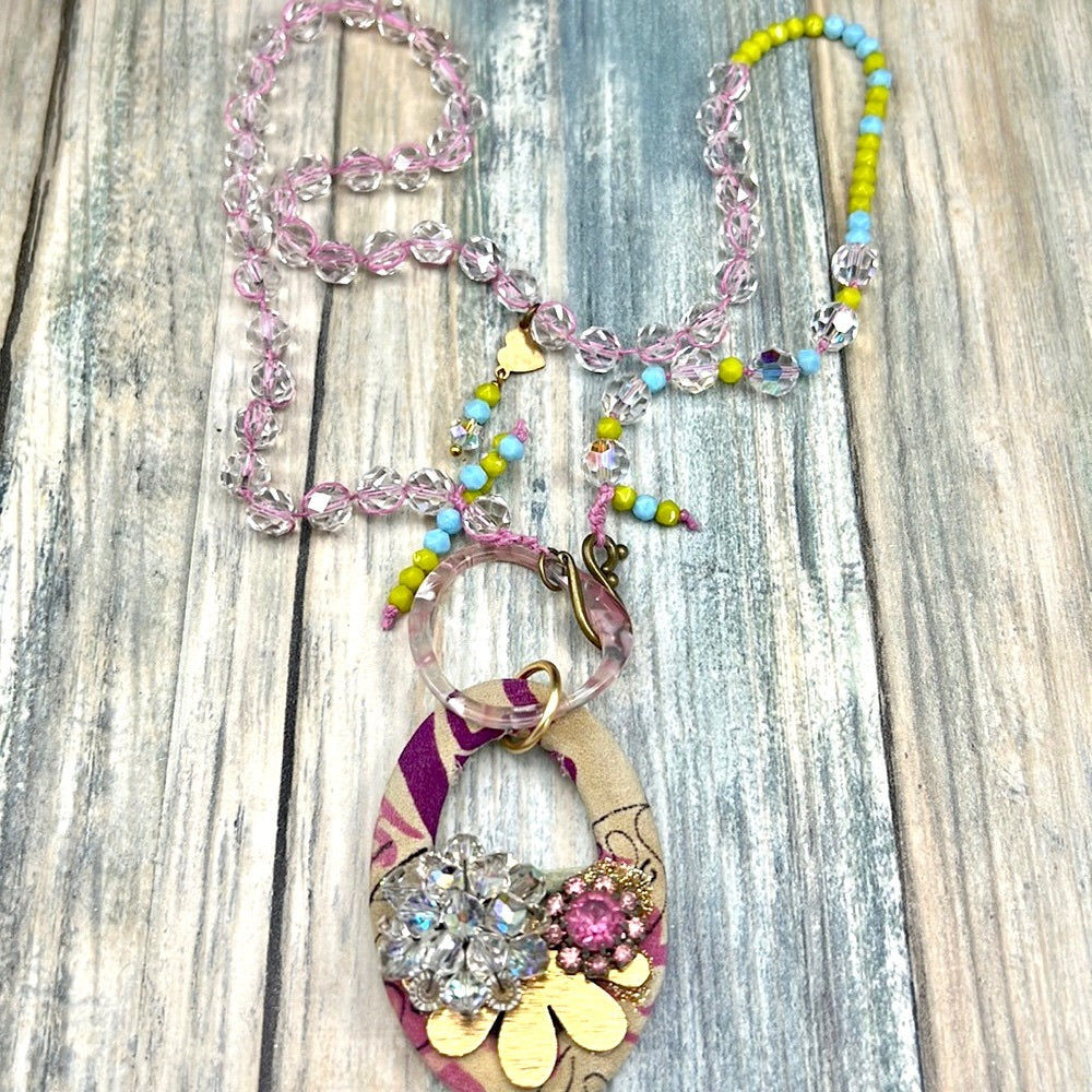 Adorned Crown Artisan Assemblage fabric buckle cluster Czech bead necklace