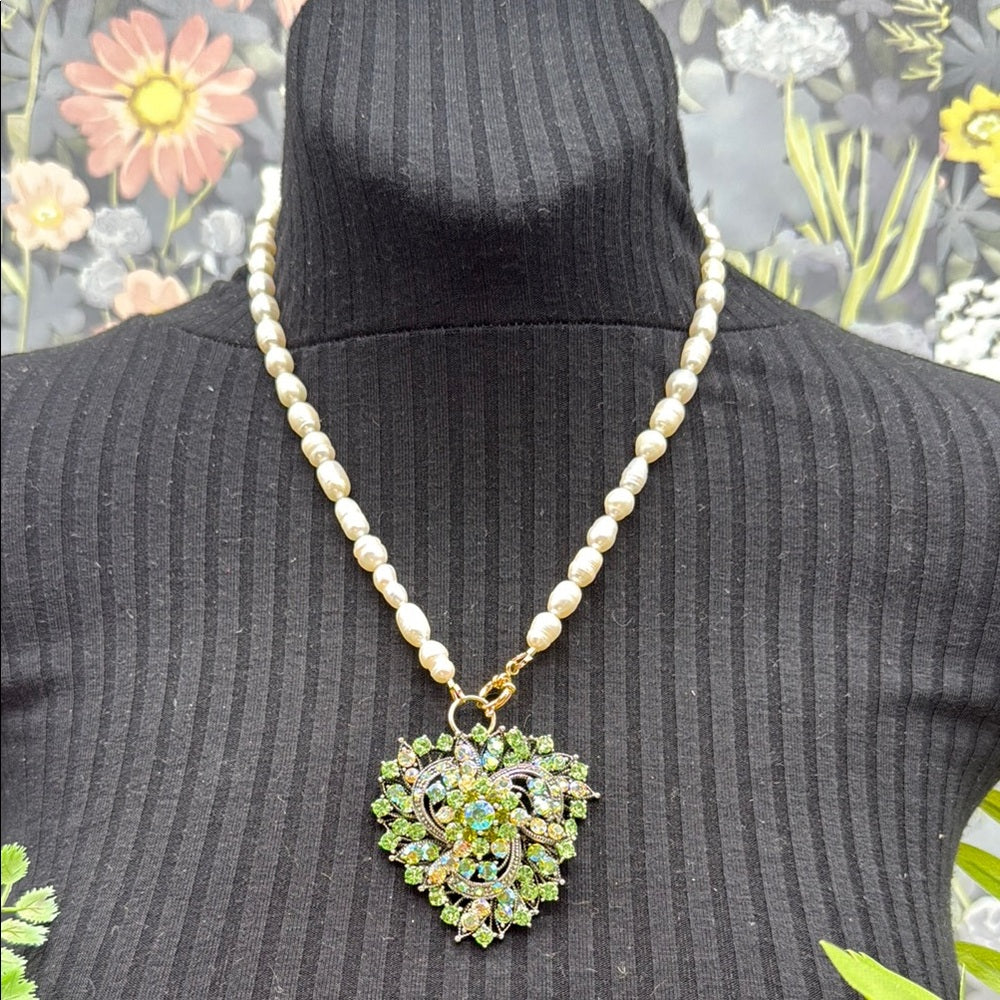 Adorned Crown Jewelry assemblage pearl green rhinestone pendant necklace
