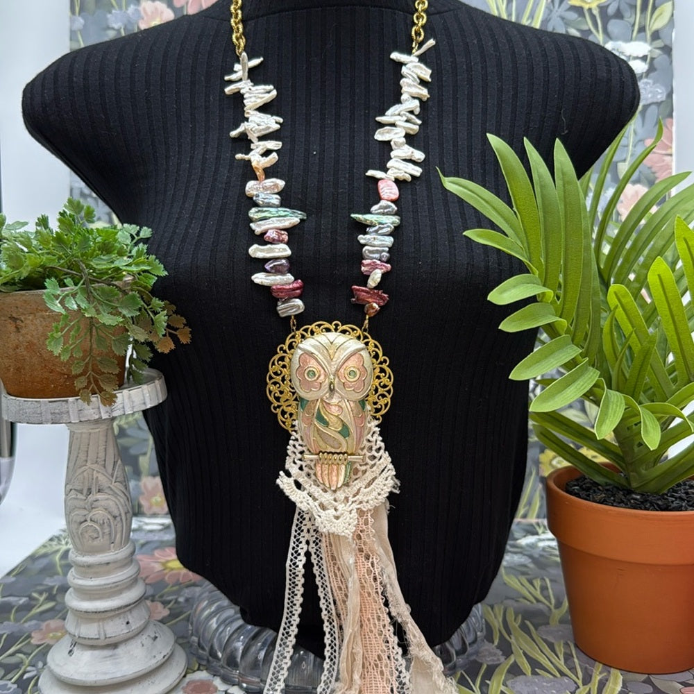 Adorned Crown Jewelry assemblage enamel owl tassel pearl boho long necklace