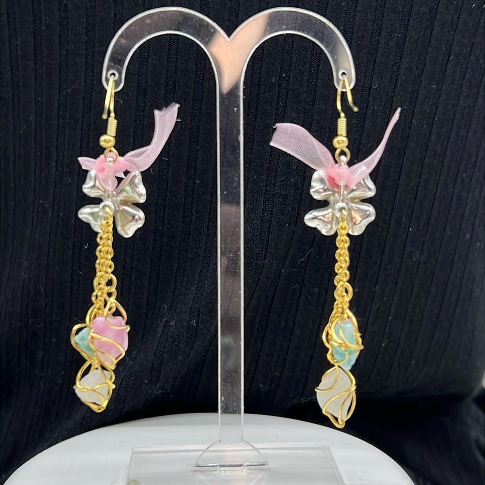 Adorned Crown Jewelry assemblage pink rhinestone bow triple stone earrings