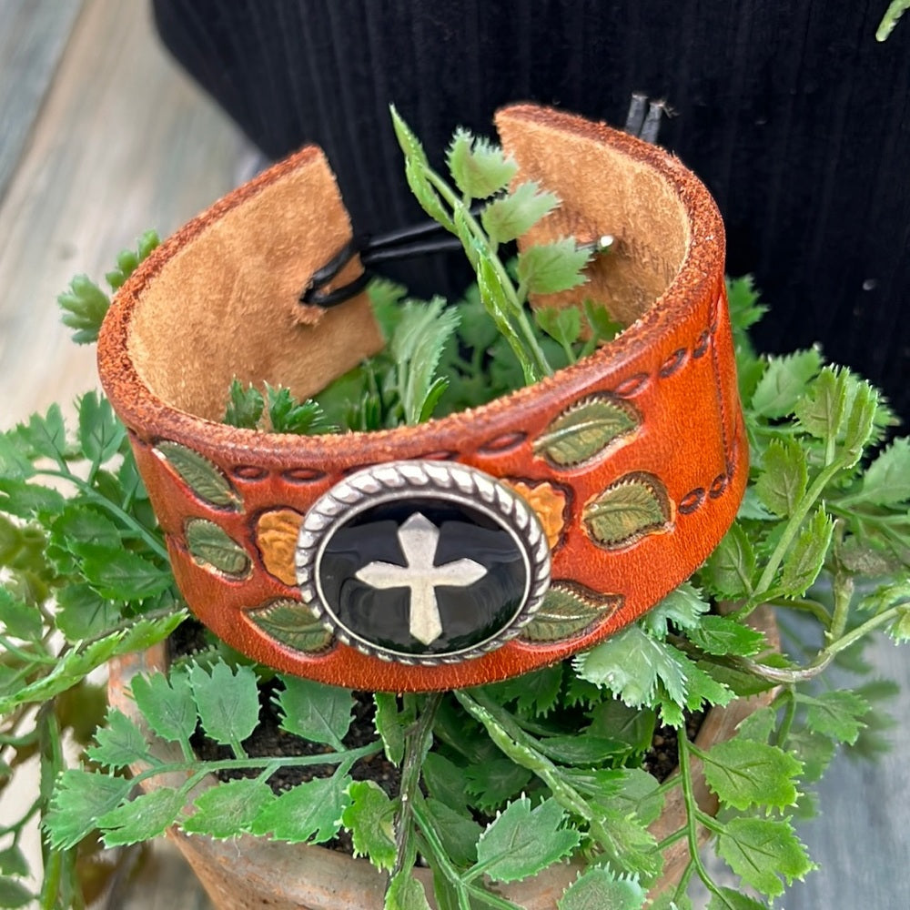 Adorned Crown cowgirl collection cross leather cuff bracelet