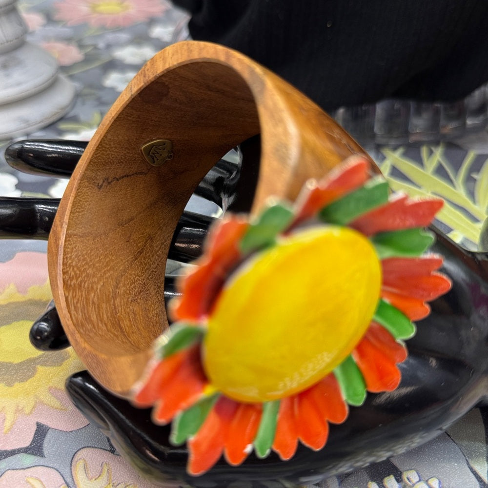 Adorned Crown Jewelry assemblage enamel flower wood bangle bracelet