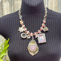 Adorned Crown Jewelry assemblage Floral Charm Pink Silver statement necklace