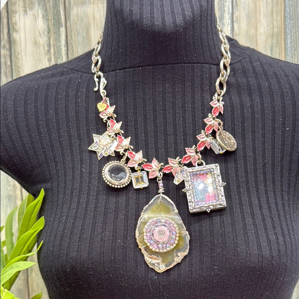 Adorned Crown Jewelry assemblage Floral Charm Pink Silver statement necklace