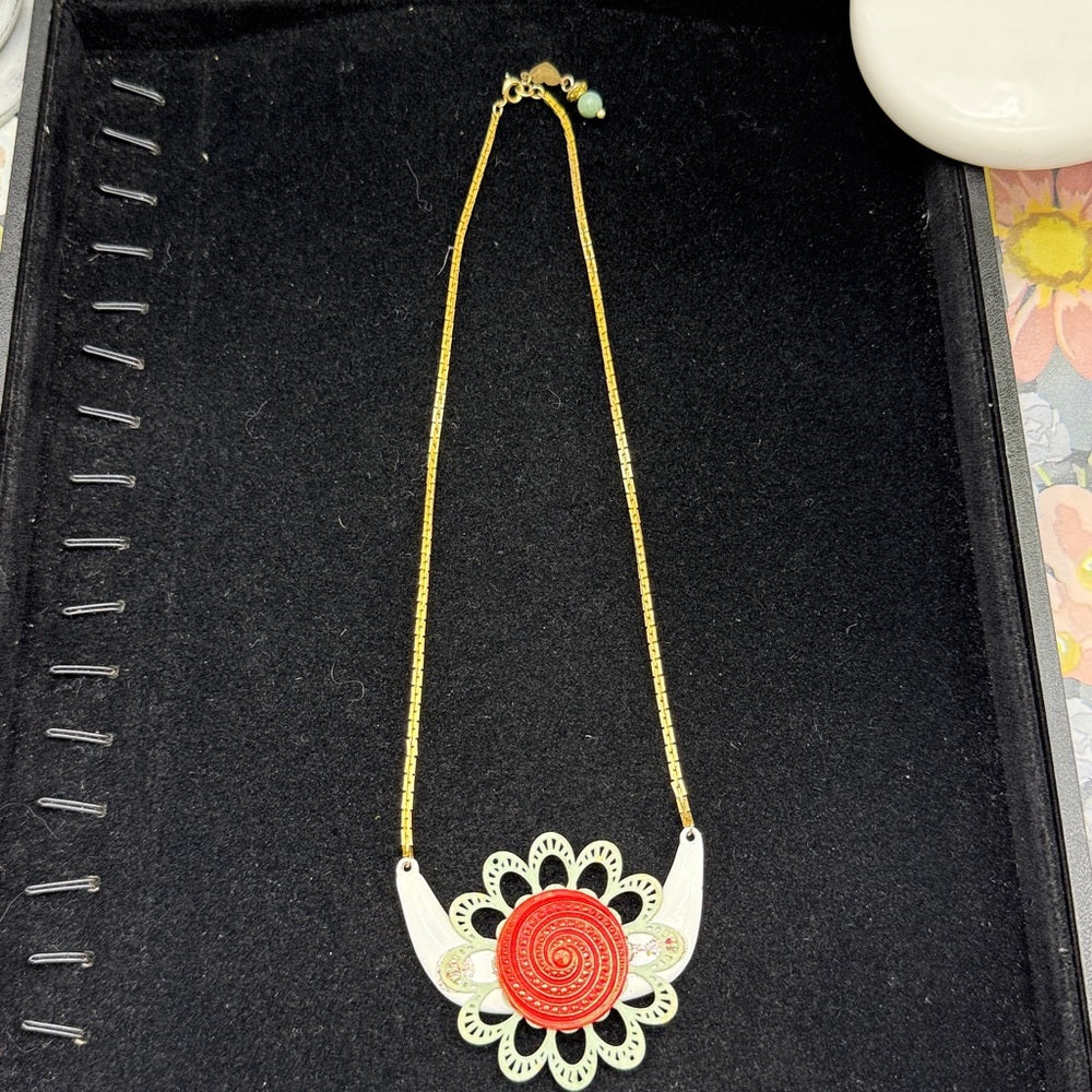 Adorned Crown Jewelry assemblage flower enamel red glass button necklace