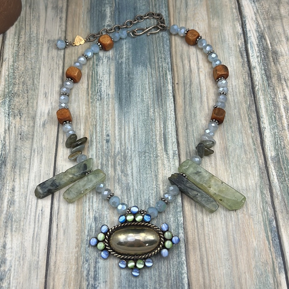 Adorned Crown Artisan Assemblage silver pendant blue green quartz necklace