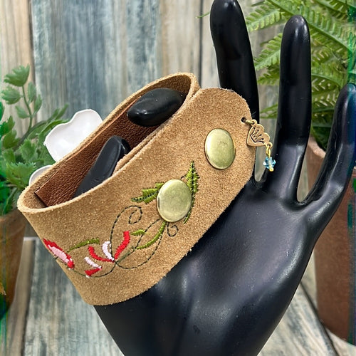 Adorned Crown Artisan Assemblage embroidered leather enamel flower bracelet