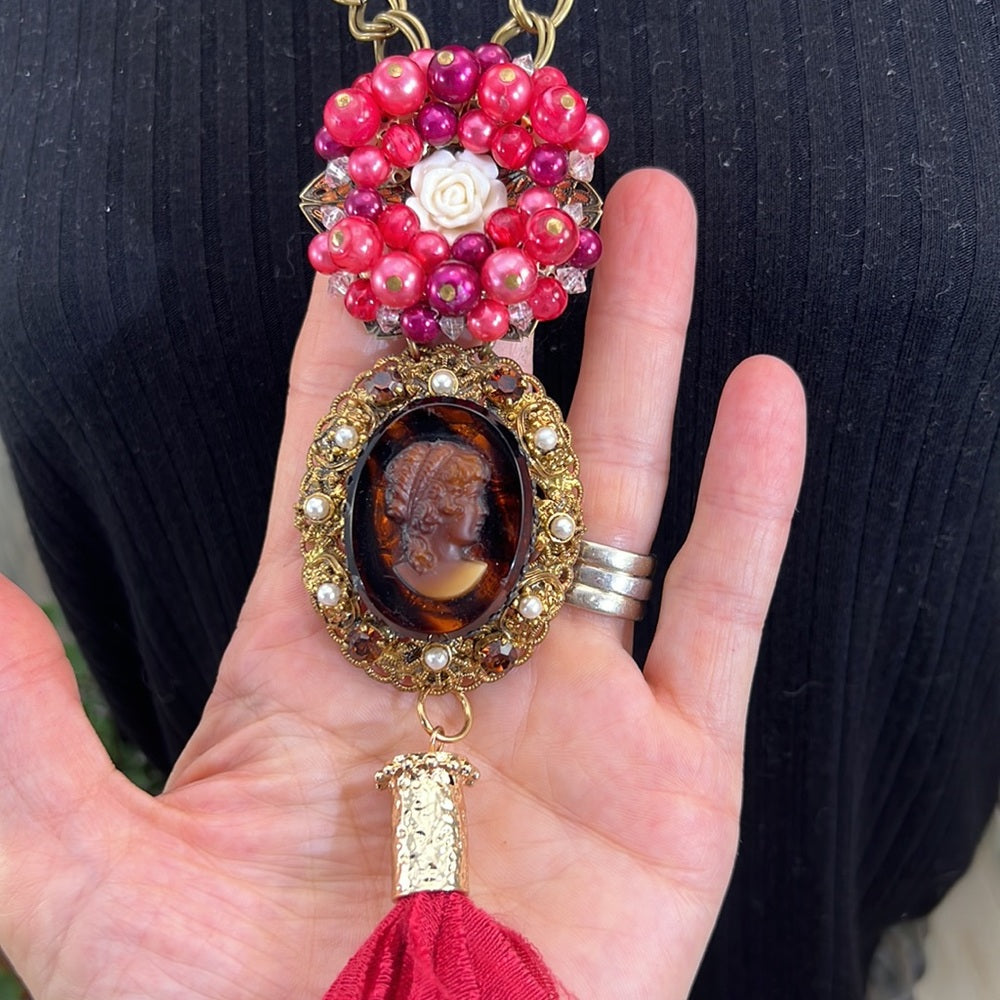 Adorned Crown Artisan Assemblage red cluster cameo silk sari tassel necklace