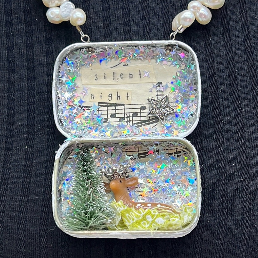 Adorned Crown Jewelry assemblage Christmas silent night shadow box necklace