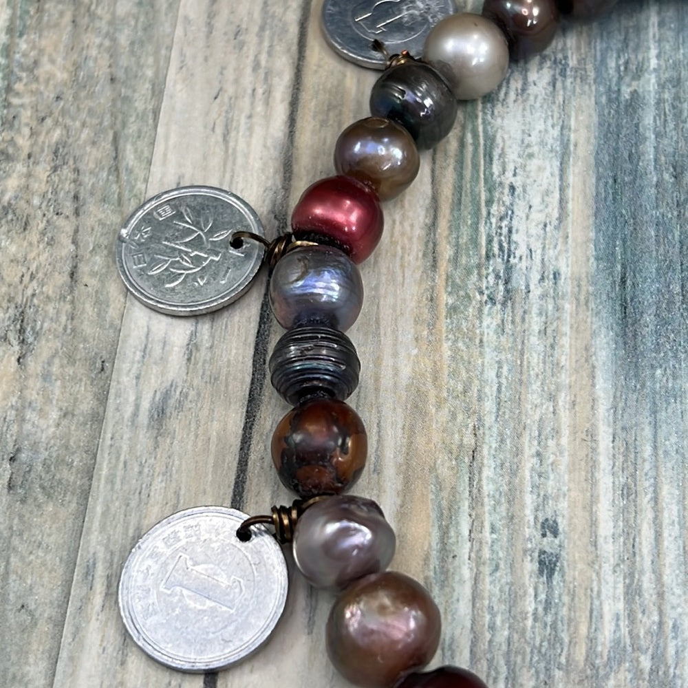 Adorned Crown Artisan Assemblage Tahitian Pearl coins enamel flower necklace