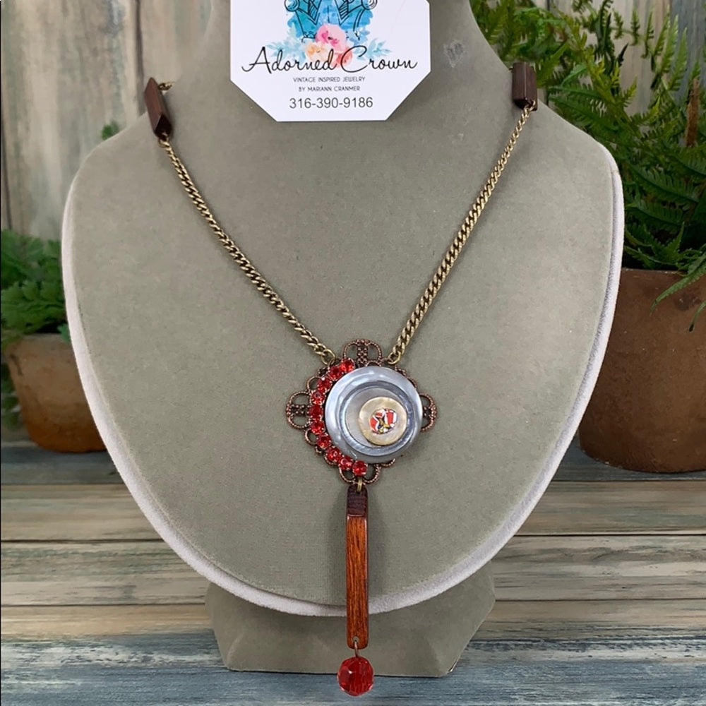 Adorned Crown artisan assemblage wood bead button rhinestone necklace