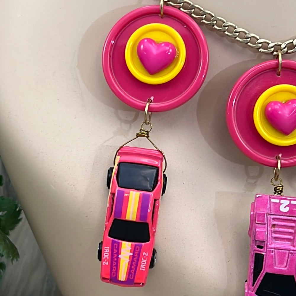 Adorned Crown artisan assemblage child’s play pink car necklace