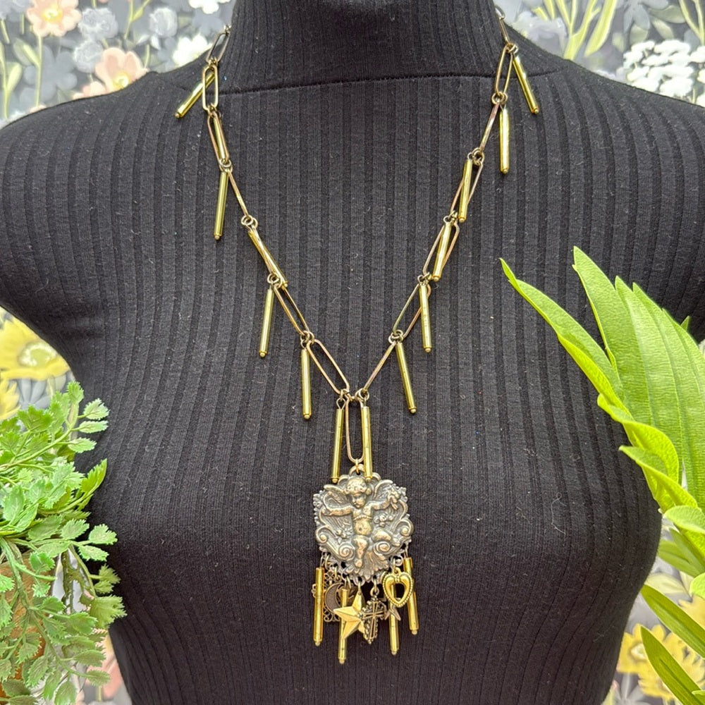 Adorned Crown Jewelry assemblage mixed metal cherub charm bugle necklace