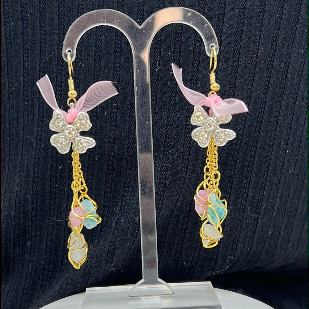 Adorned Crown Jewelry assemblage pink rhinestone bow triple stone earrings