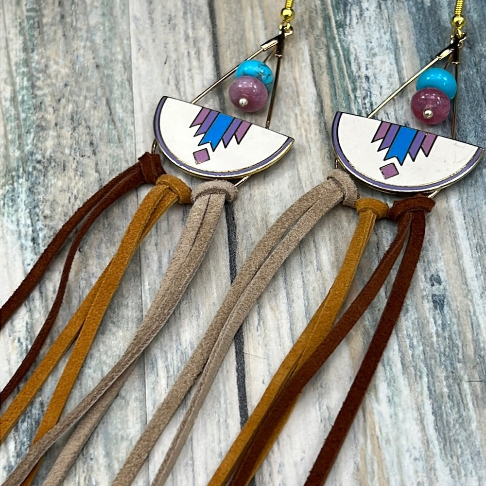 Adorned Crown cowgirl collection turquoise enamel leather tassel earrings