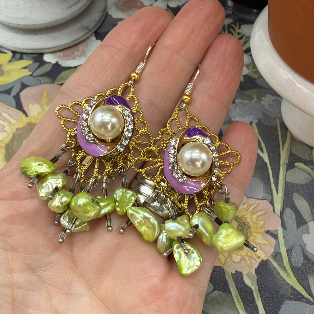 Adorned Crown Jewelry assemblage purple enamel green pearl filigree earrings