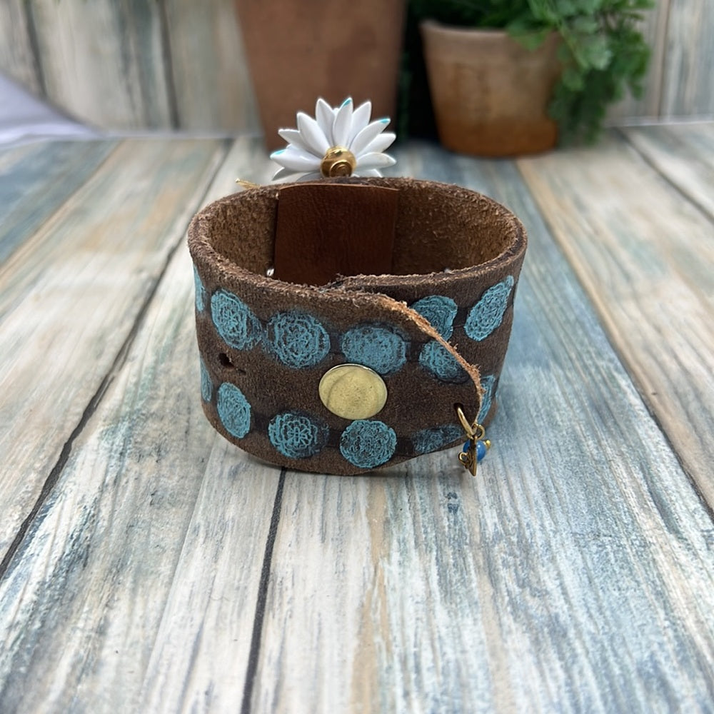 Adorned Crown enamel flower blue dot artisan assemblage leather bracelet