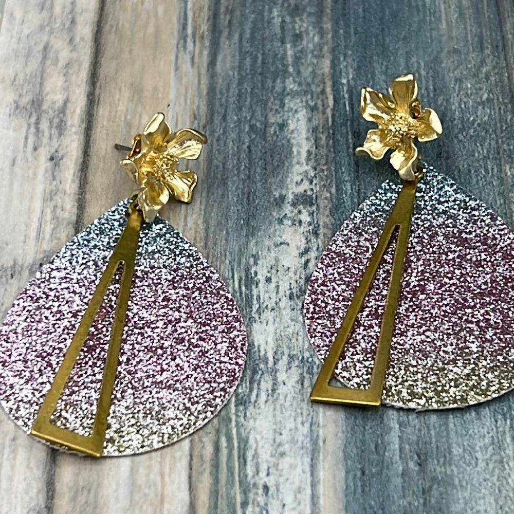 Adorned Crown Artisan Assemblage leather pink glitter gold flower earrings