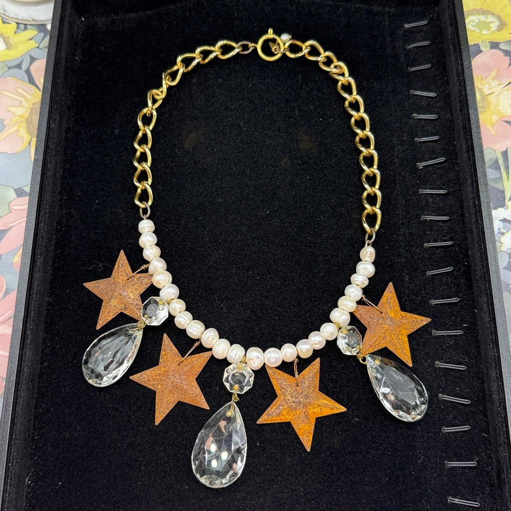 Adorned Crown Jewelry assemblage Christmas rusty Star crystal necklace