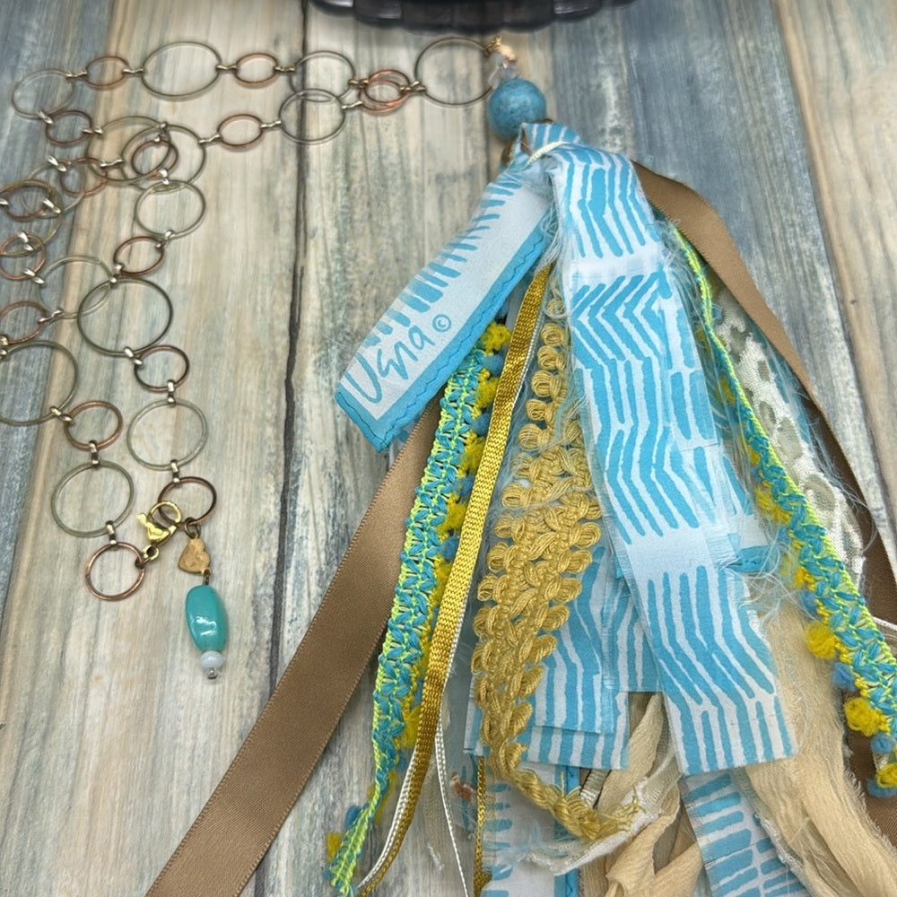 Adorned Crown Jewelry assemblage Bohemian silk ribbon Tassel Necklace Blue