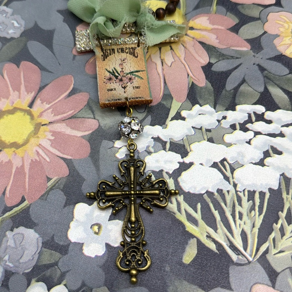 Adorned Crown Jewelry assemblage rhinestone leather ribbon cross necklace